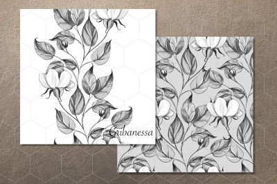 Monochrome floral pattern | Digital paper and border