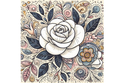 4 Artistic doodle white rose. Hand drawn illustration