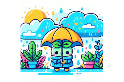 4 Rainy day with plant vector illustration. cute doodle artistic