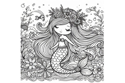 4 Line art, beautiful mermaid girl with long hair