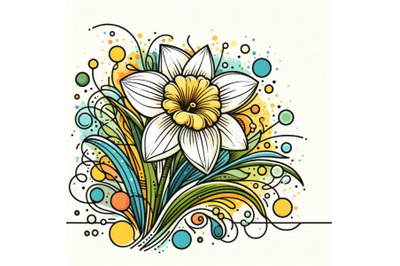 4 Abstract line art of daffodil flower with color splats