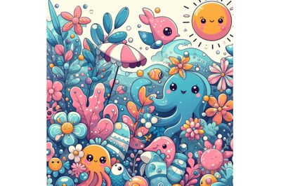 4 cartoon graphic summer time underwater