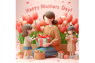 4 Happy mother`s day! Children congratulates moms and gives her a gift