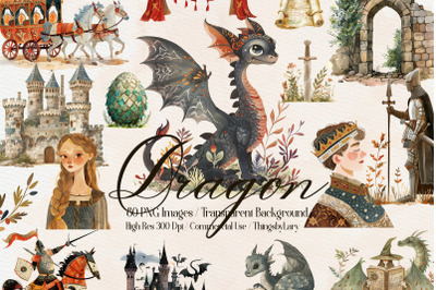 80 Watercolor Medieval Fantasy Dragon Royal Knight PNG Clip arts