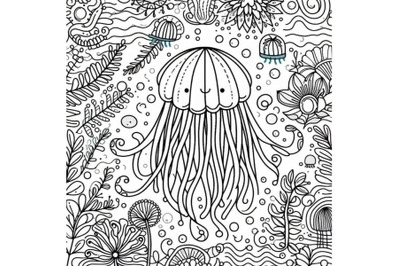 4 Jellyfish line art style. Hand drawn