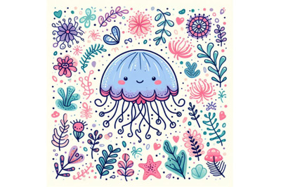 4 Hand drawn vector jellyfish. Sea marine animal collection