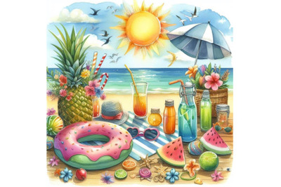 4 watercolor Watercolor design summer illustration  Colorful backgroun