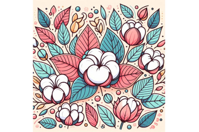 4 colorful line art decoration of cotton flower with leaves