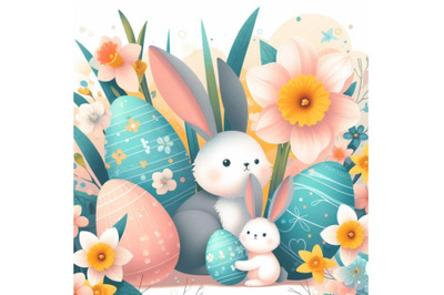 4 Abstract bunny, eggs, blooming narcissus flower