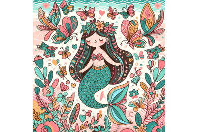 4 Colorful illustration with patterned rear mermaid and butterflies