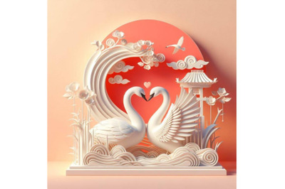 4 Art Romantic swan couple. Art love couple of swans