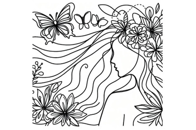 4 One single line drawing woman with butterfly line art vector illustr