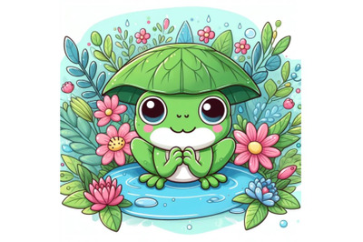 4 cute frog setting on a water leaf