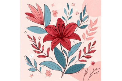 4 illustraition of a red lily Line Art and Pastel Abstract Background