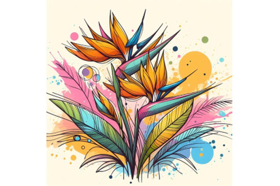 4 Abstract line art of tropical flower with color splats Strelitzia