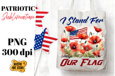 Patriotic sublimation. American flag and poppy flowers PNG