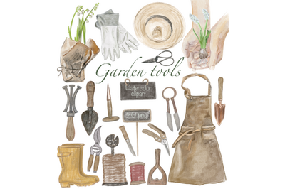 Garden Tools Watercolor Clipart &amp; Garden Clothing Set