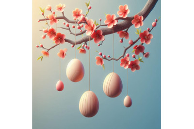 4 Easter eggs hanging on plum branch