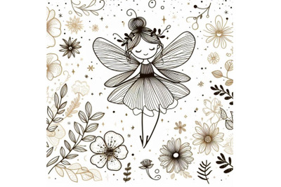 4 beautiful fairy line art fall down. silhouette isolated