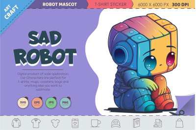 Sad cartoon Robot. T-Shirt&2C; PNG&2C; SVG.