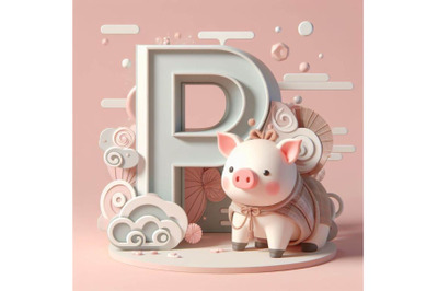 4 Illustration of animal alphabet P with Pig