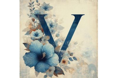 4 Blue hibiscus grunge vintage alphabet V