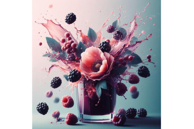 4 Fresh blackberries fall into a glass with juice generating a splash