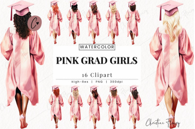 Watercolor Pink Graduation Girls Clipart