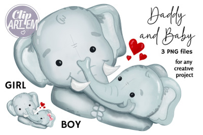 Daddy Father and Boy / Girl Elephant Clip Art 3 PNG Images Set