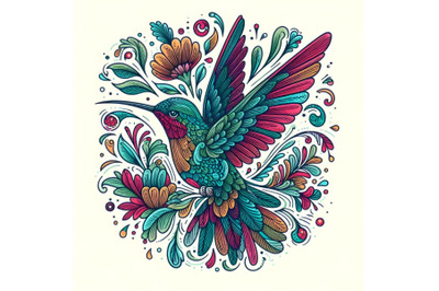 Colorful hand drawn Hummingbird with floral ornament