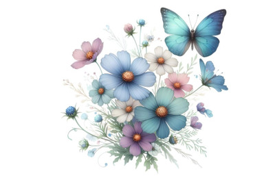 butterfly and flowers illustration in light colors