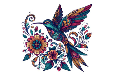 Colorful hand drawn Hummingbird with floral ornament