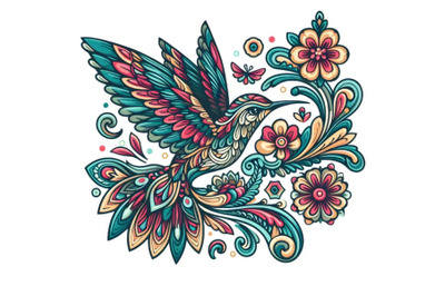 Colorful hand drawn Hummingbird with floral ornament