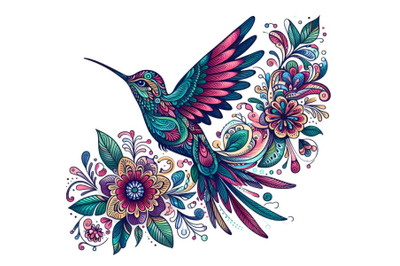 Colorful hand drawn Hummingbird with floral ornament