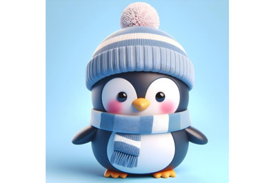 Cute 3d winter penguin with hat and scarf