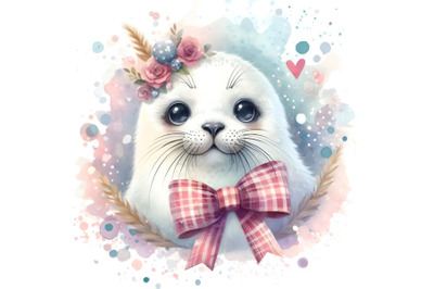 cute white watercolor sealwith splash textured background