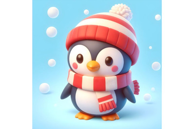 watercolor Cute 3d winter penguin with hat and scarf