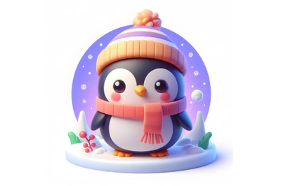 Abstract Cute 3d winter penguin with hat and scarf