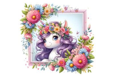 Abstract  Frame with cute unicorn ant beautiful flowers