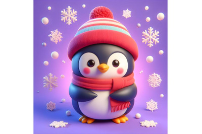 beautiful Cute 3d winter penguin with hat and scarf