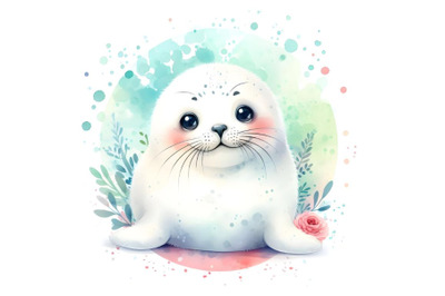 beautiful cute white watercolor sealwith splash textured background