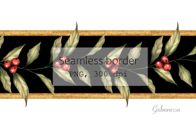 Seamless border with leaves and berries | Floral garland