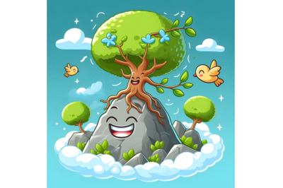 Abstract  Happy tree character growing on the flying rock