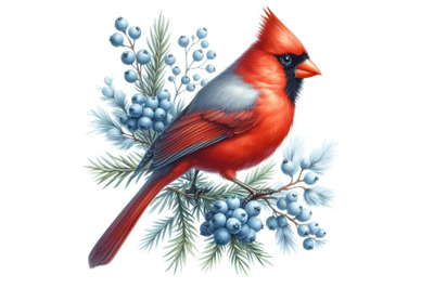 beautiful Hand drawn beautiful bird with winter blue juniper wild berr