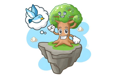 beautiful Happy tree character growing on the flying rock