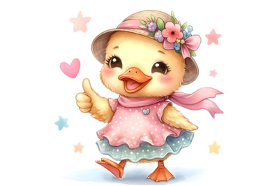 watercolor cute baby duck cartoon thumb up