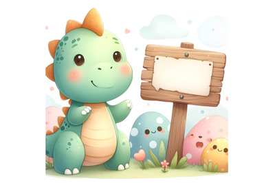 watercolor Cute dinosaur cartoon with blank sign