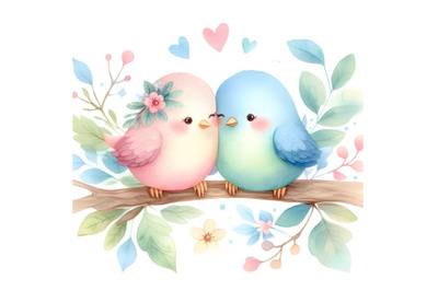 Cute bird couple sitting on tree branch