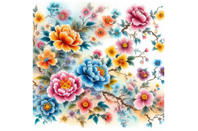 Bundle of Colorful Chinese painting, traditional ink artwork of flower