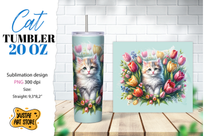 Cat tumbler wrap. Cute cat in flowers sublimation design PNG